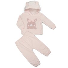 N34607:  Baby Pink Bunny Hooded Plush Fleece Top & Jog Pant Set (6-24 Months)